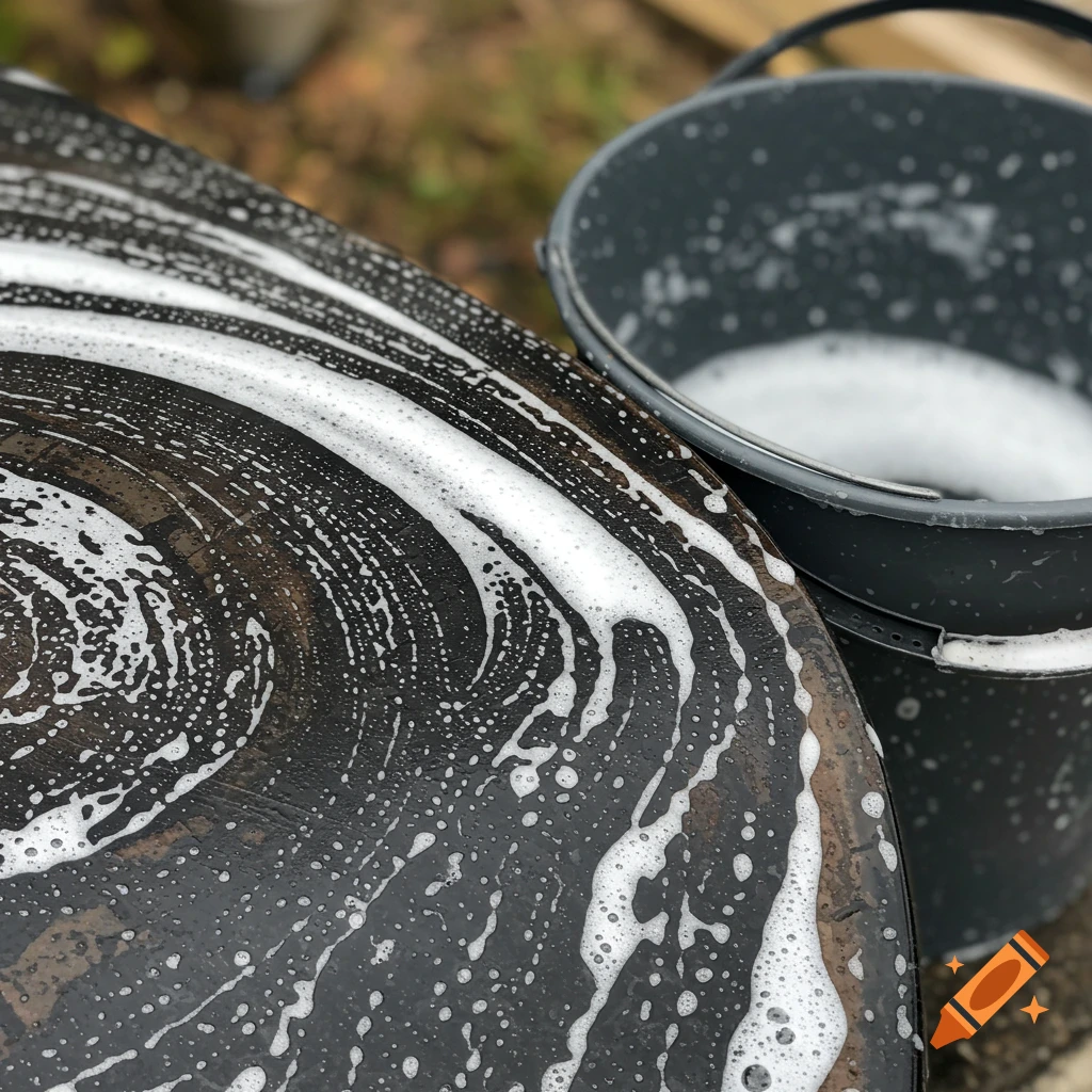 Close-up photo of soapy water on a dark surface next to a bucket.