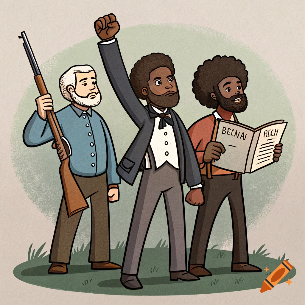 Stylized illustration of three men: one holding a rifle, one with a raised fist, one reading a book.