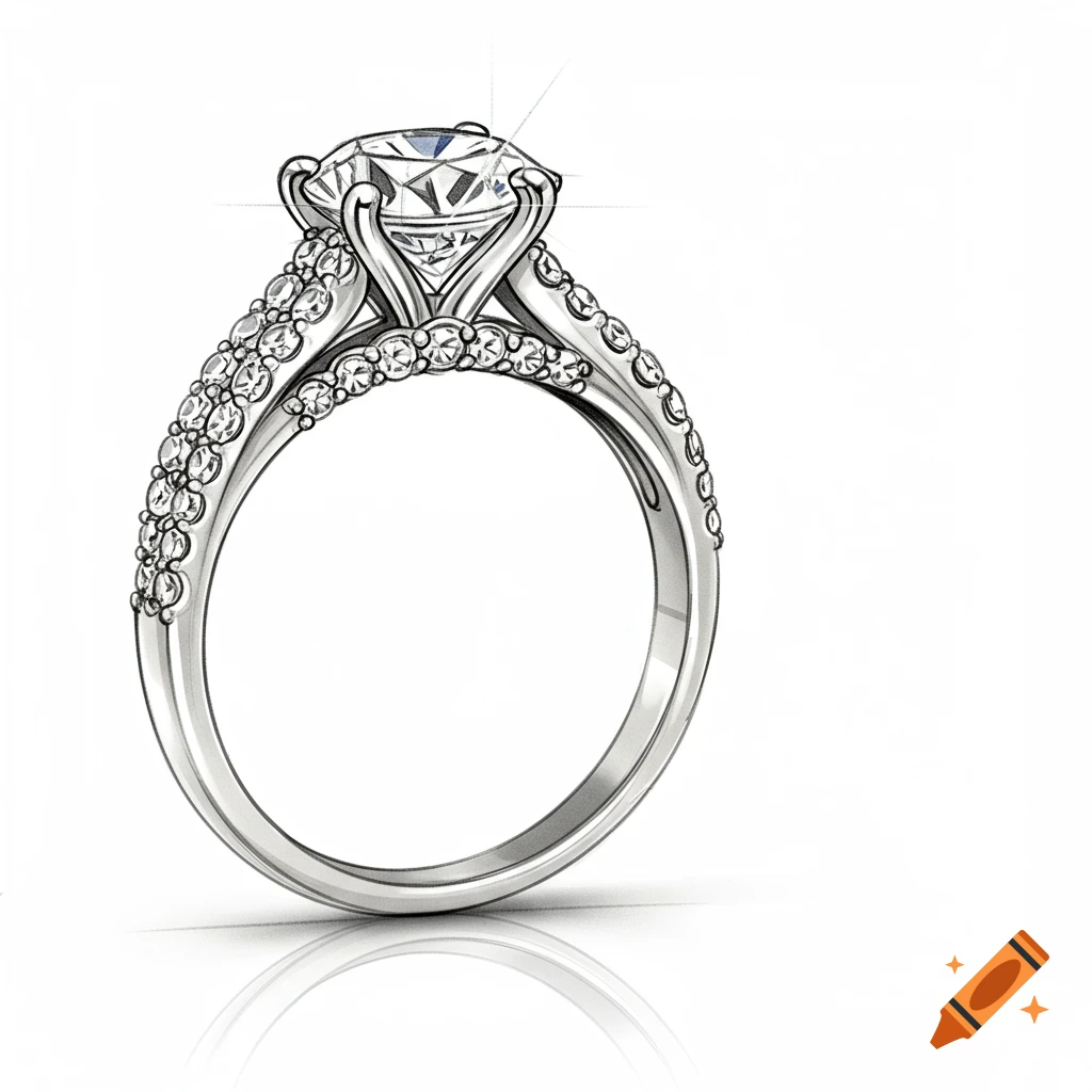 Sketch illustration of a diamond engagement ring.