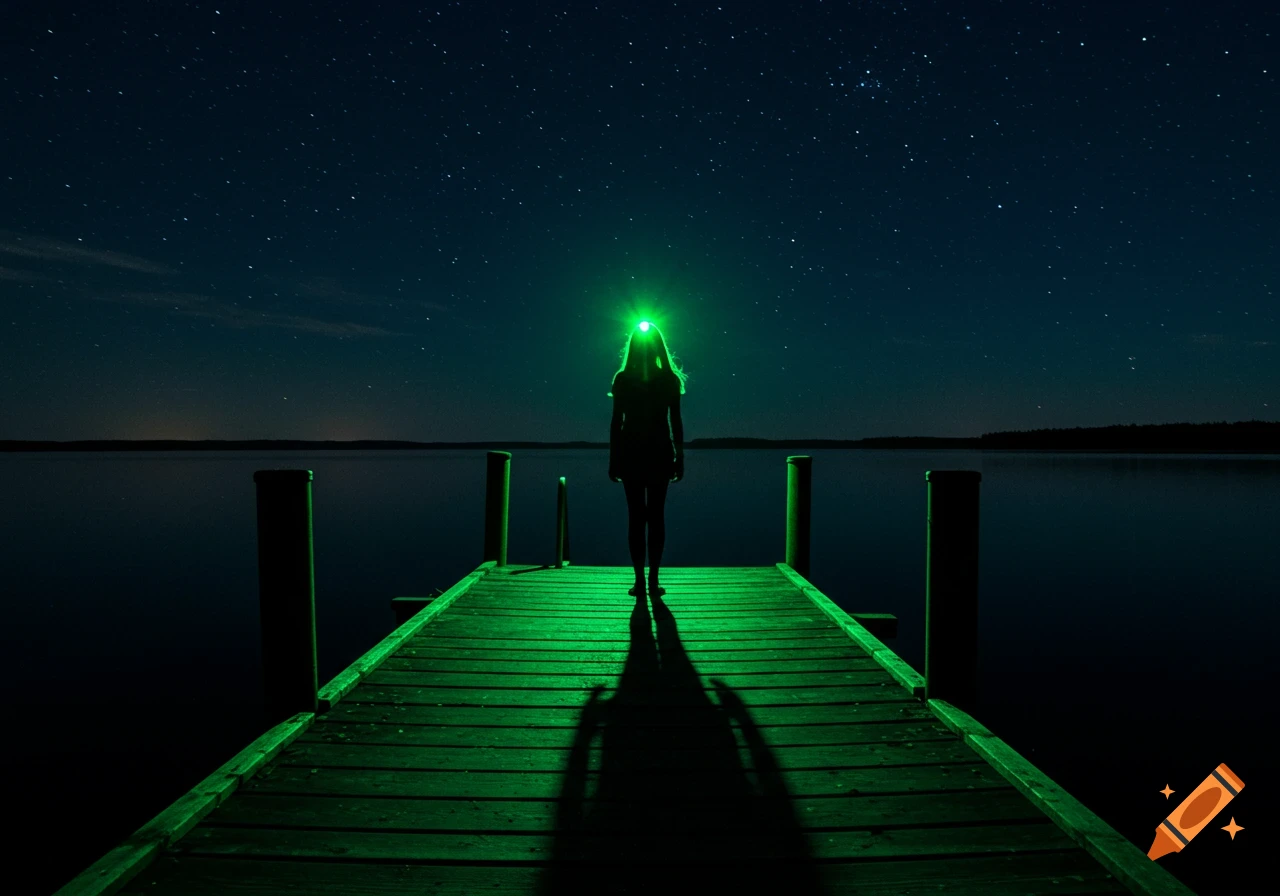 A silhouette of a person with a green light on their head stands on a dock under a starry night sky.