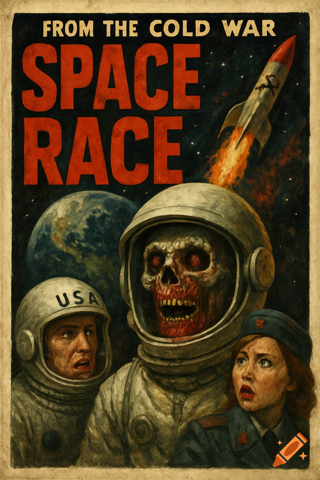 Vintage horror poster for "Space Race" featuring a zombie astronaut, US and Soviet figures, and a rocket.