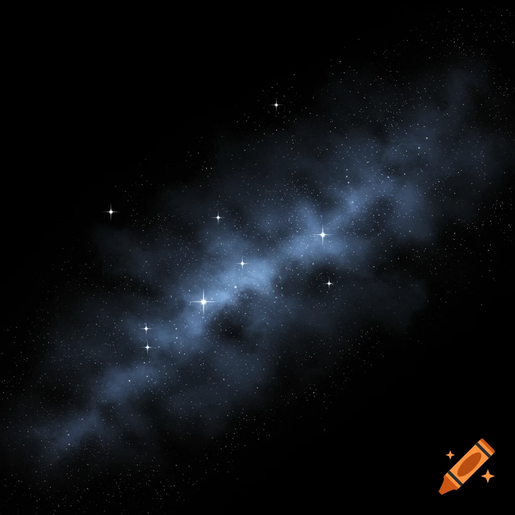 A dark night sky filled with shimmering stars and a wispy trail of blue-white gas.