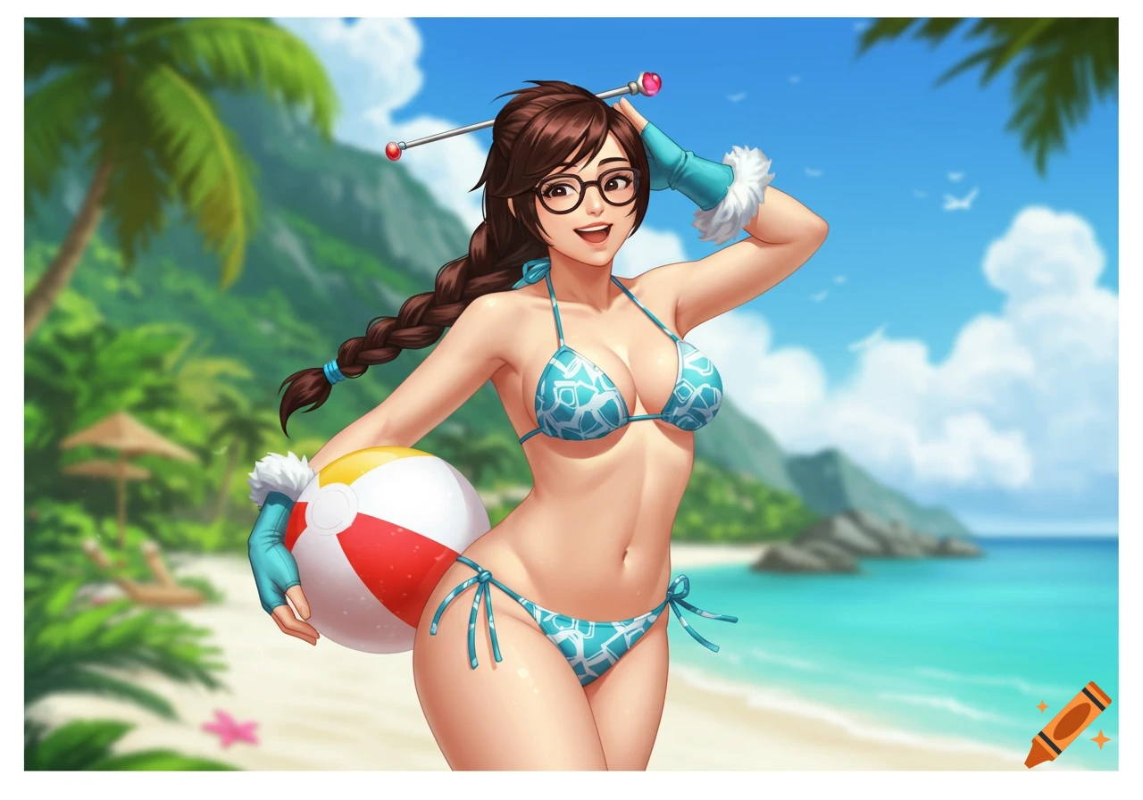 Anime style Mei from Overwatch in a bikini on a tropical beach holding a beach ball.