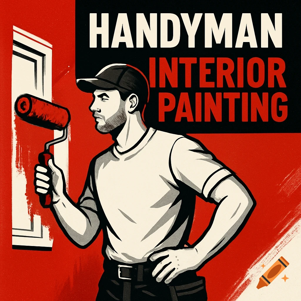 Stylized illustration of a handyman painting a wall with a roller, text reads 'HANDYMAN INTERIOR PAINTING'.