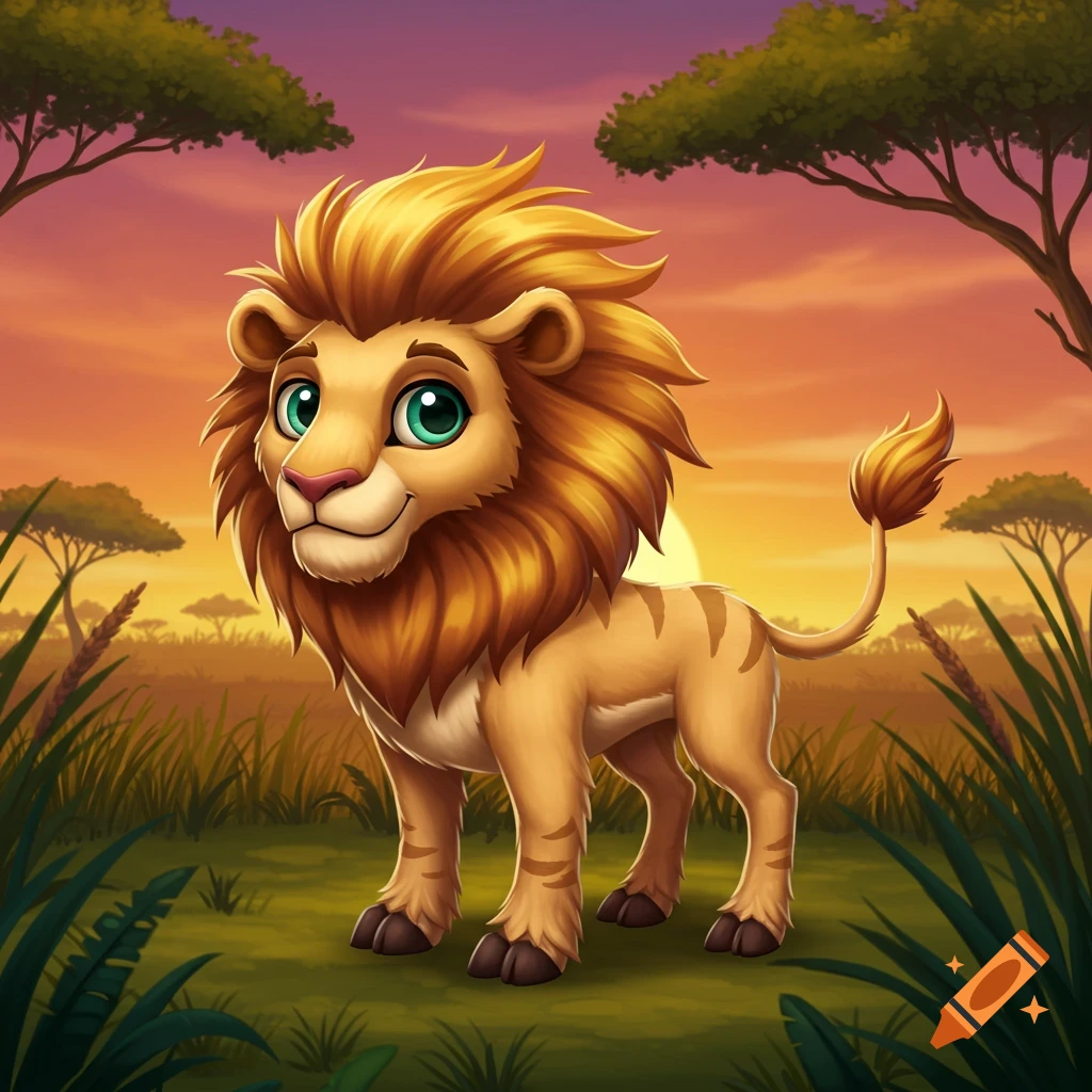 Cartoon lion standing in a savanna landscape at sunset.