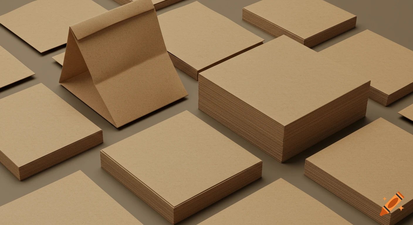Various types of kraft paper packaging bags and sheets are arranged diagonally on a dark beige background.