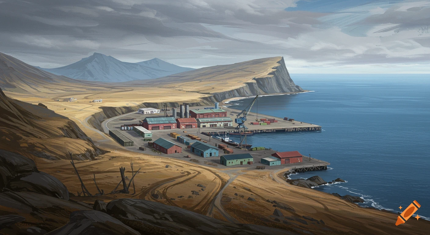 Digital painting of a port on a rocky coastline with mountains in the background.