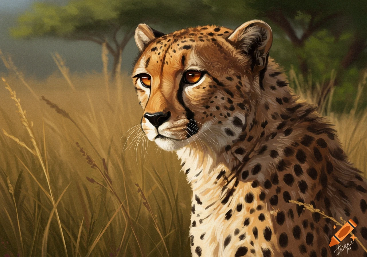 Close-up illustration of a cheetah in tall grass in a savannah looking left.