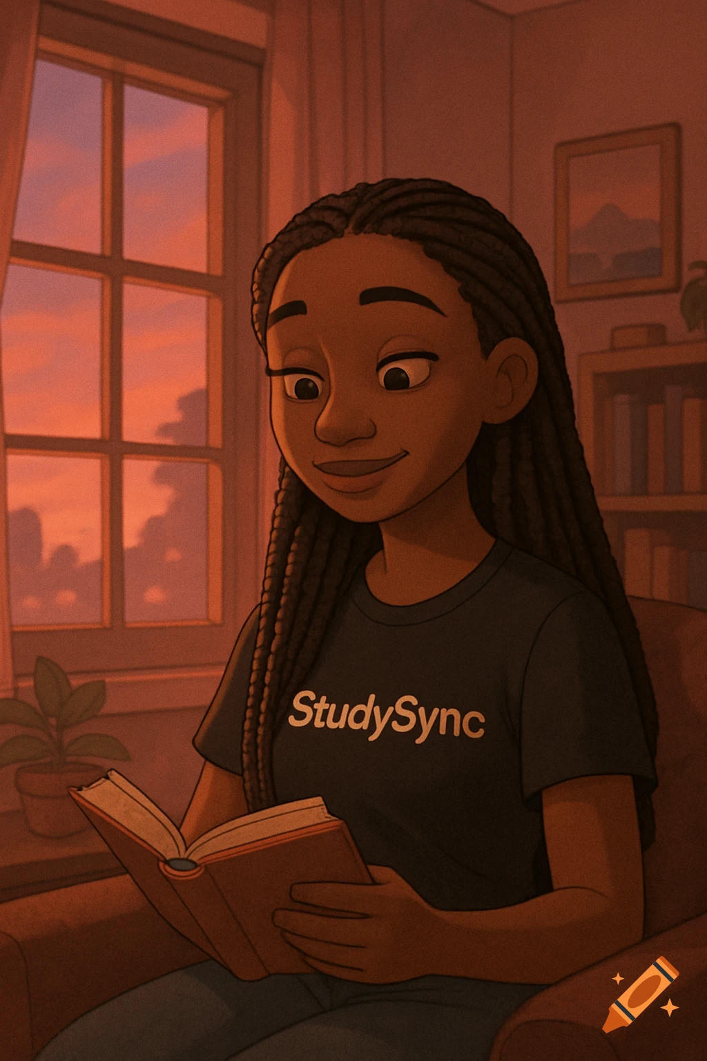 Cartoon of a young Black woman with braids reading a book in a cozy room with a sunset.