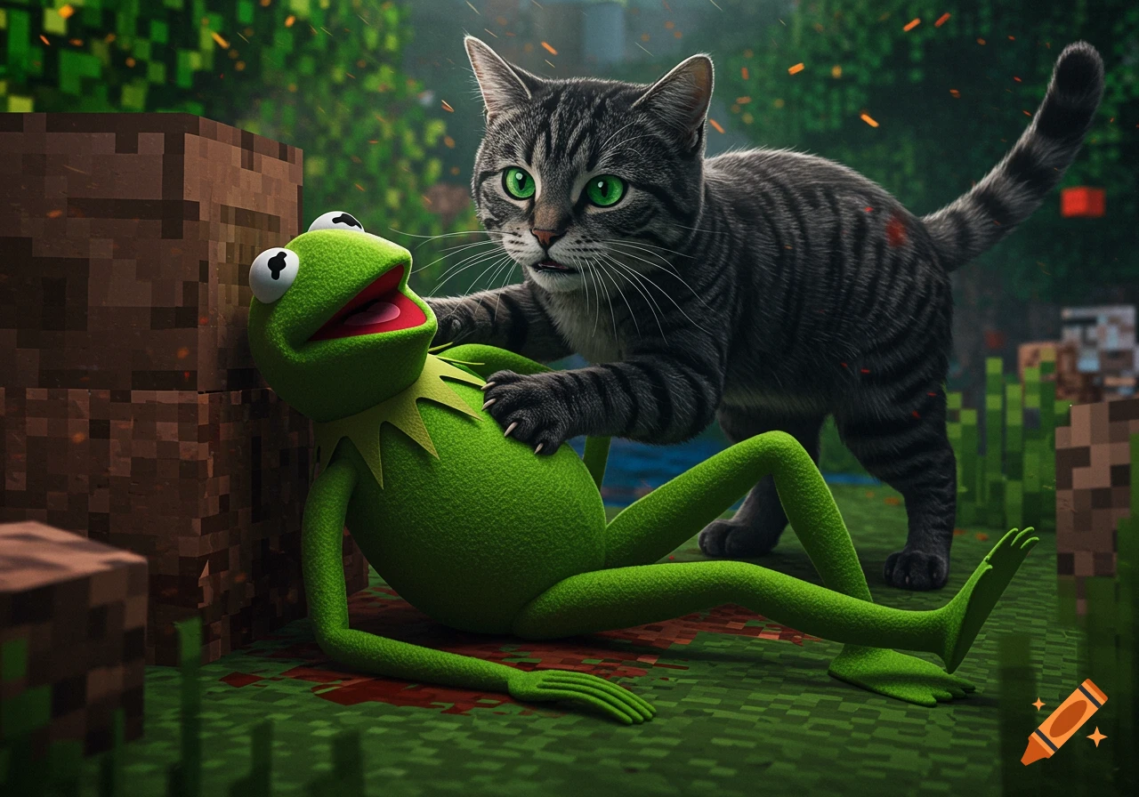Realistic image of a cat holding down Kermit the Frog in a Minecraft world.