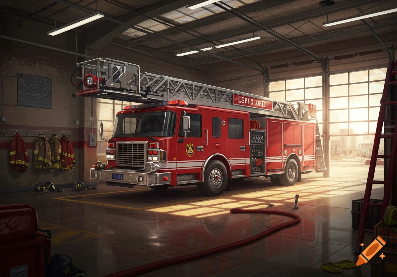 A red fire truck parked inside a fire station with equipment and gear visible.