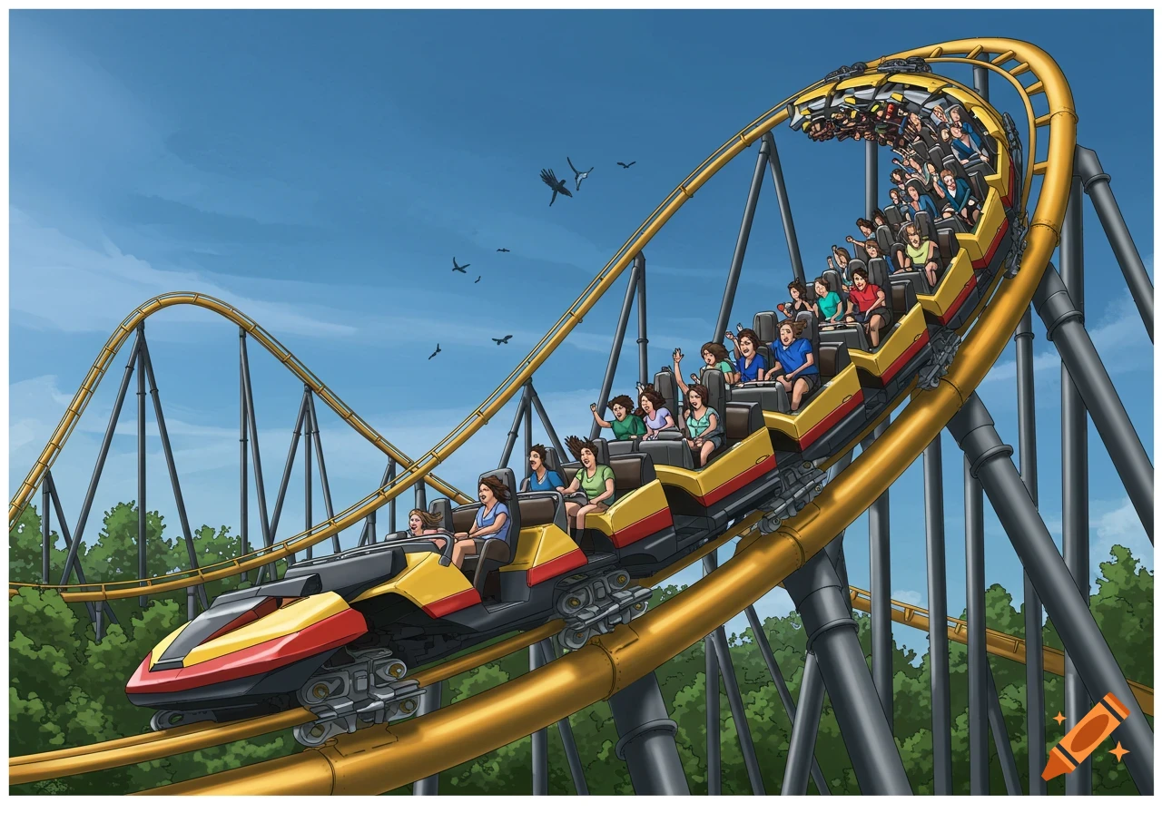 Illustration of a roller coaster train filled with riders speeding along a yellow track against a blue sky.