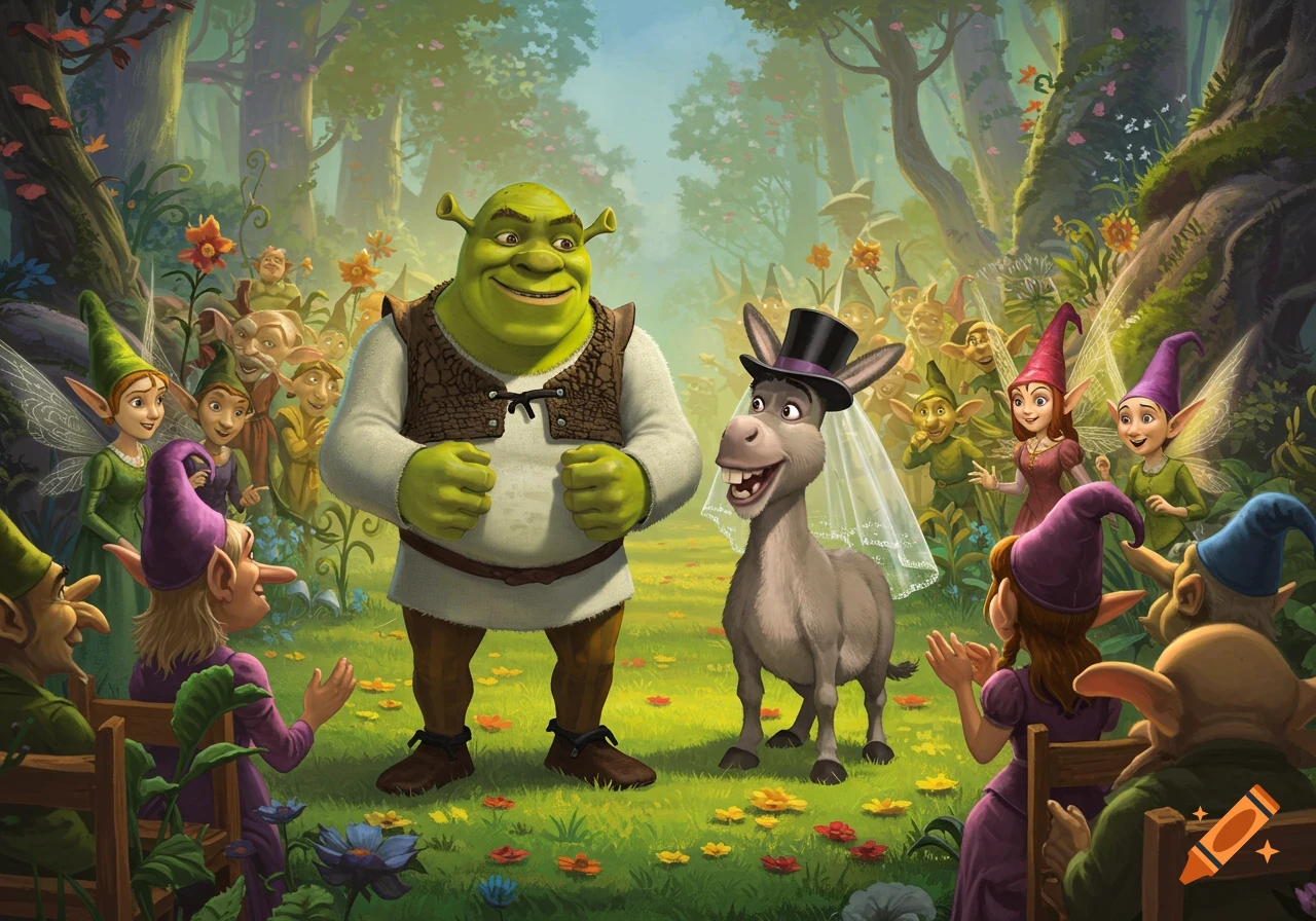 Shrek and Donkey in a top hat and veil at a wedding ceremony in a forest, surrounded by fairy tale creatures.