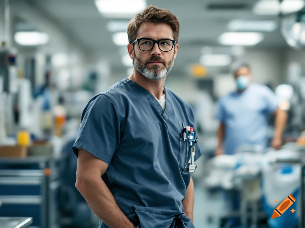 A man in medical scrubs and glasses stands in a hospital hallway. on ...