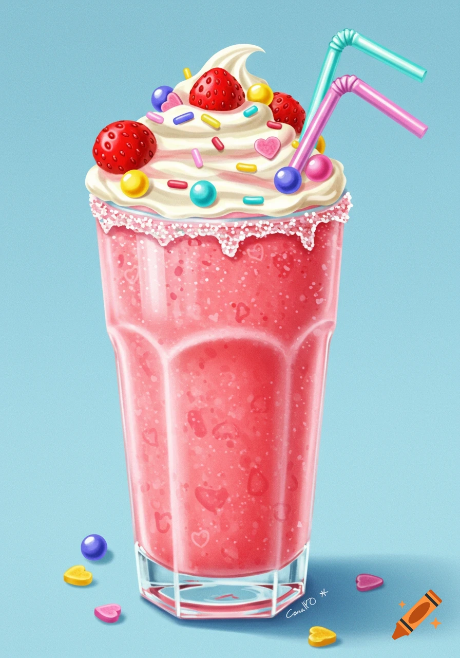 A pink strawberry milkshake with whipped cream, sprinkles, strawberries, and two straws in a glass on a blue background.
