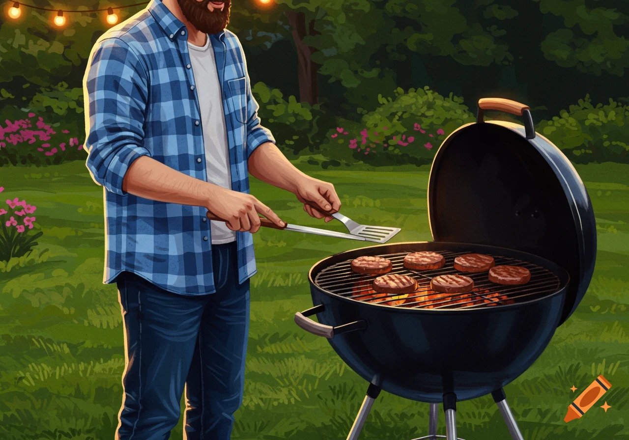 Man grilling burgers on a barbecue outdoors