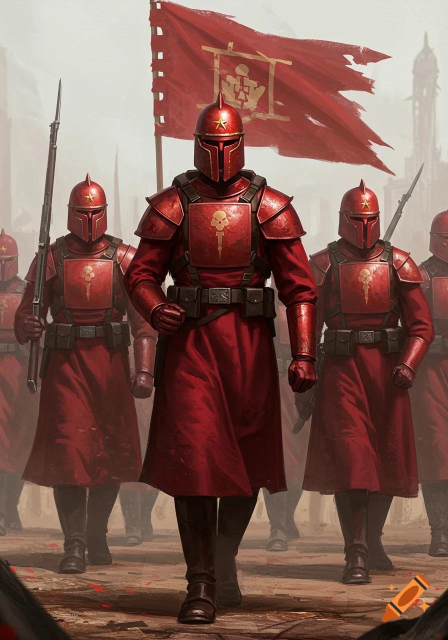 Red armored soldiers marching with a large red flag.