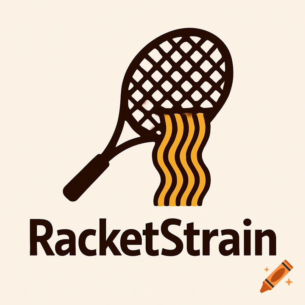 Logo of a tennis racket straining yellow noodles with the text RacketStrain below.