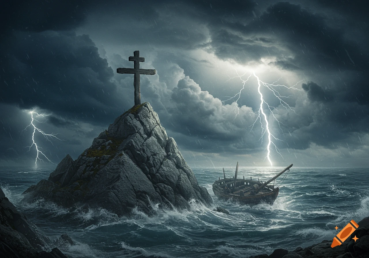 A wooden cross stands on a rock in a stormy sea with lightning and a wrecked ship.