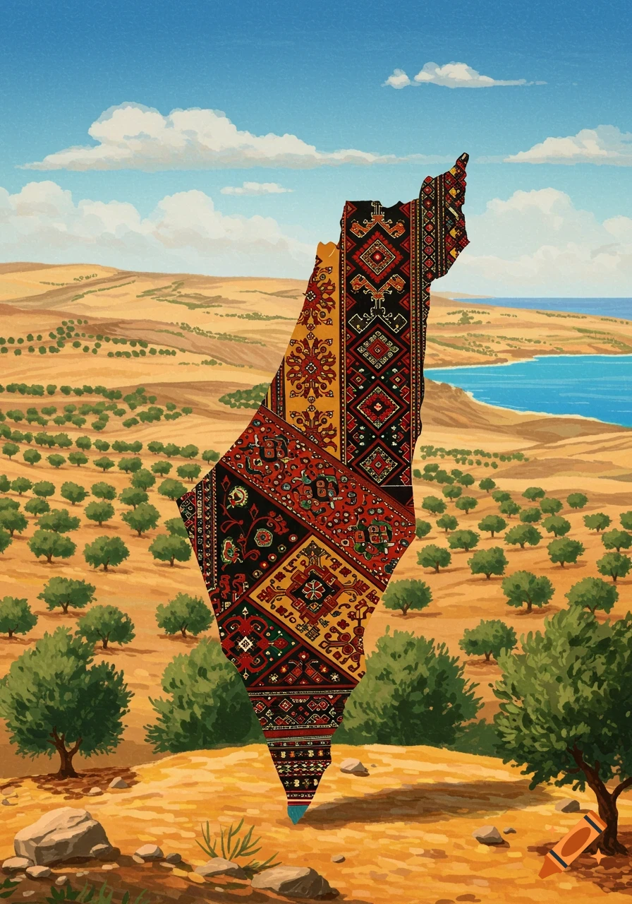 Illustrated landscape with olive trees and water, overlaid by a map shape filled with a detailed patterned rug.