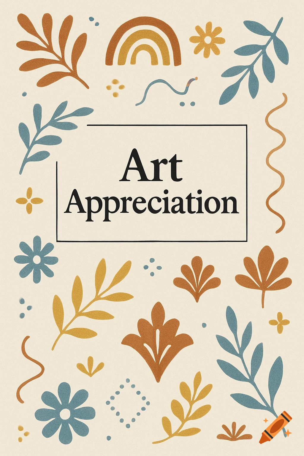 A beige background with brown, yellow, and blue abstract floral patterns and shapes surrounding a black rectangle containing the text 'Art Appreciation'.