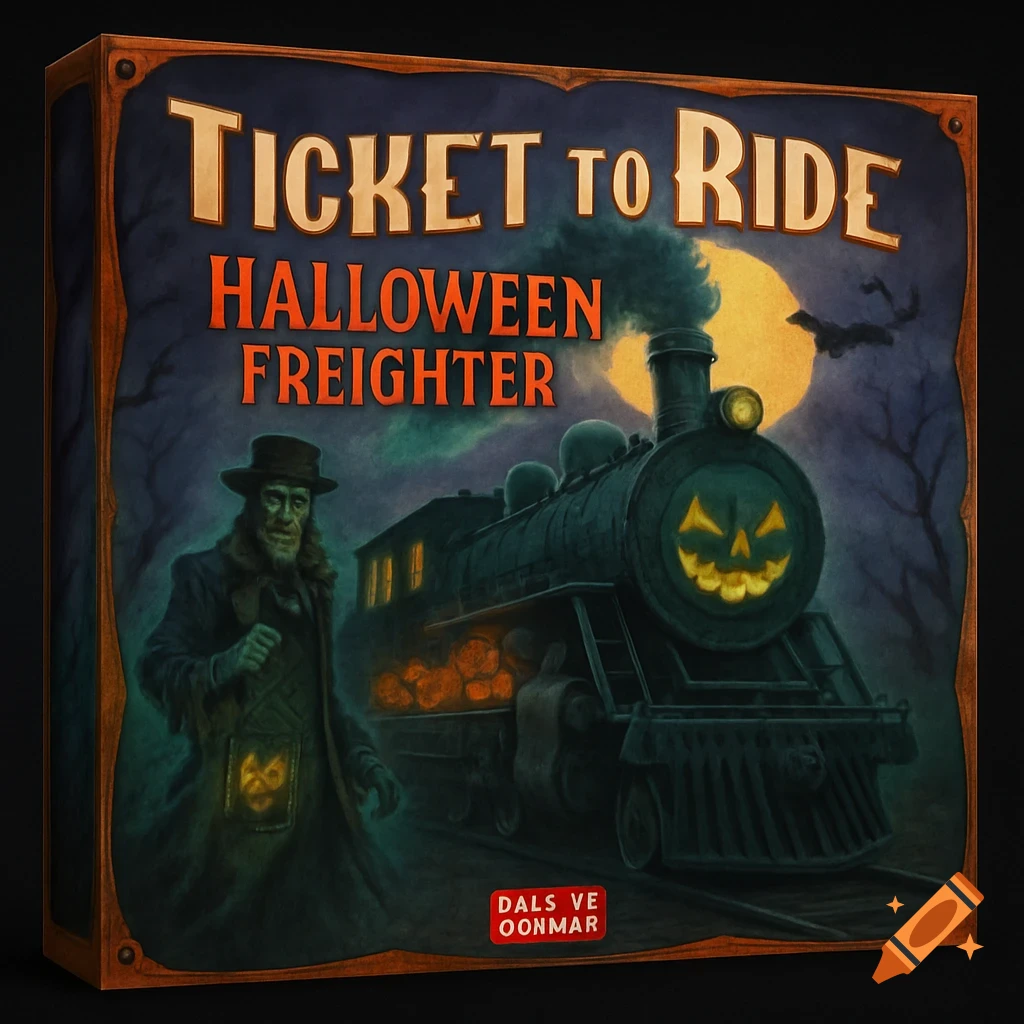 Board game box cover with a spooky figure, a Halloween train, full moon, and bats, for Ticket to Ride Halloween Freighter.