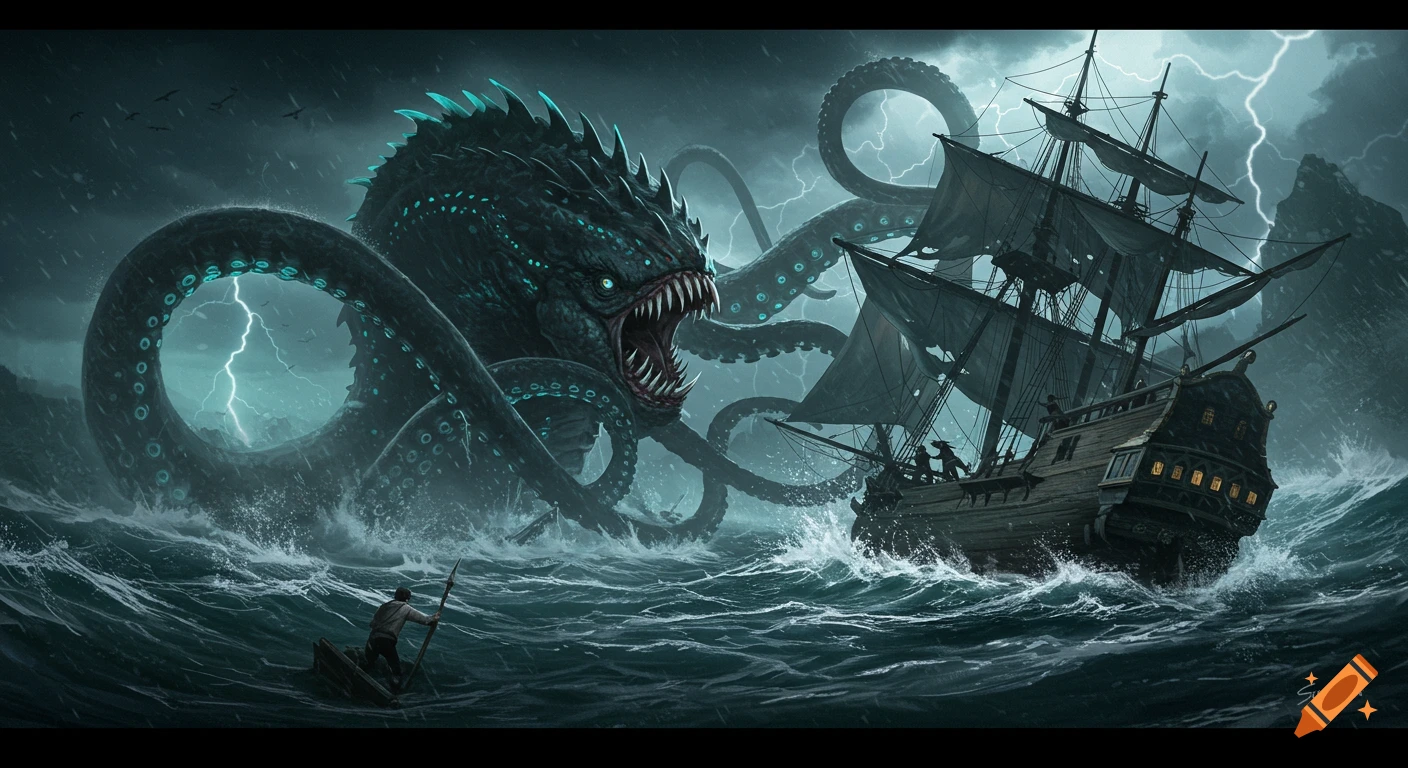 Giant kraken with glowing eyes and tentacles attacking a sailing ship in a stormy sea with lightning.