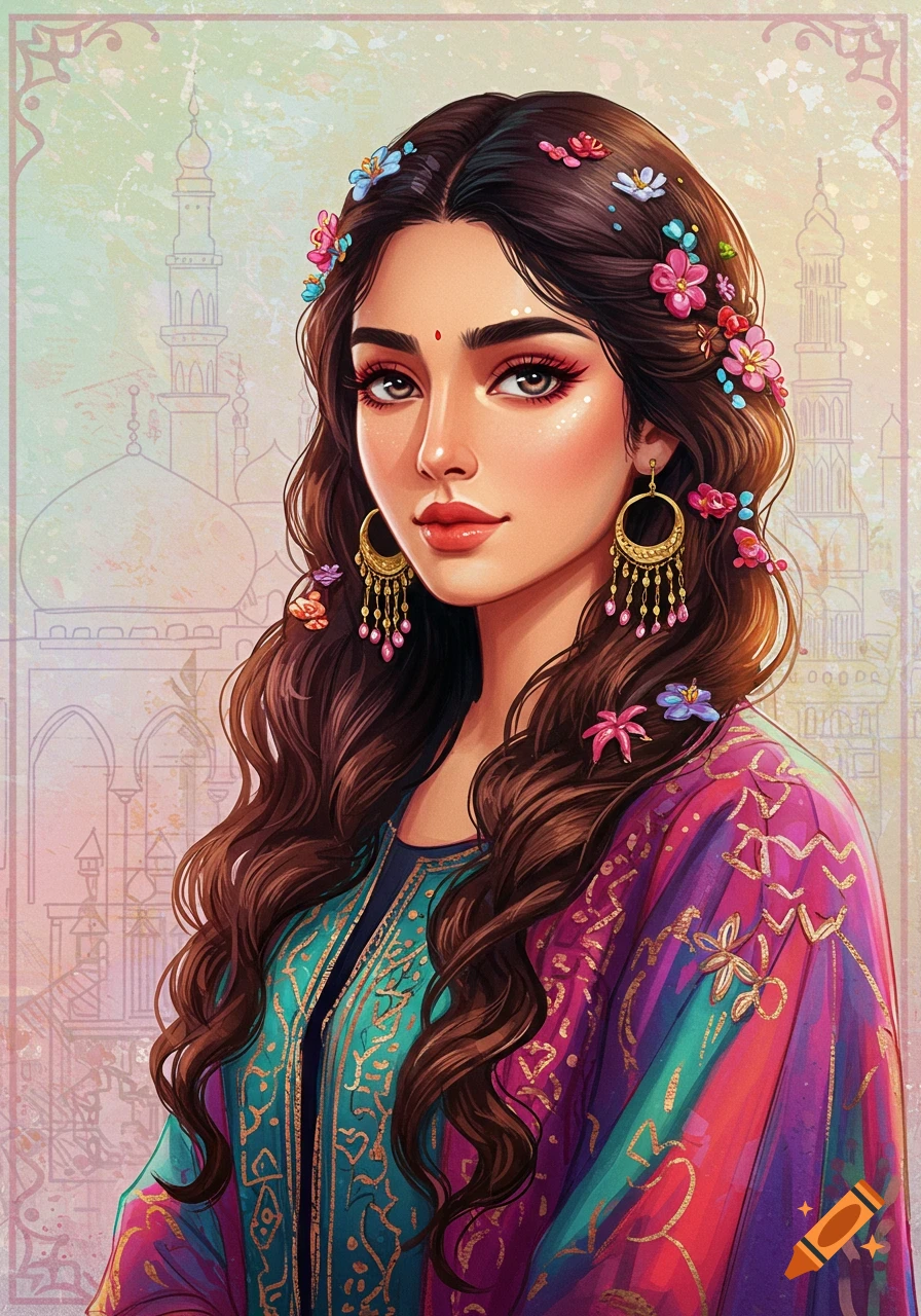 Portrait of a woman with long hair and flowers in her hair, wearing ornate clothing, against a stylized background of buildings.