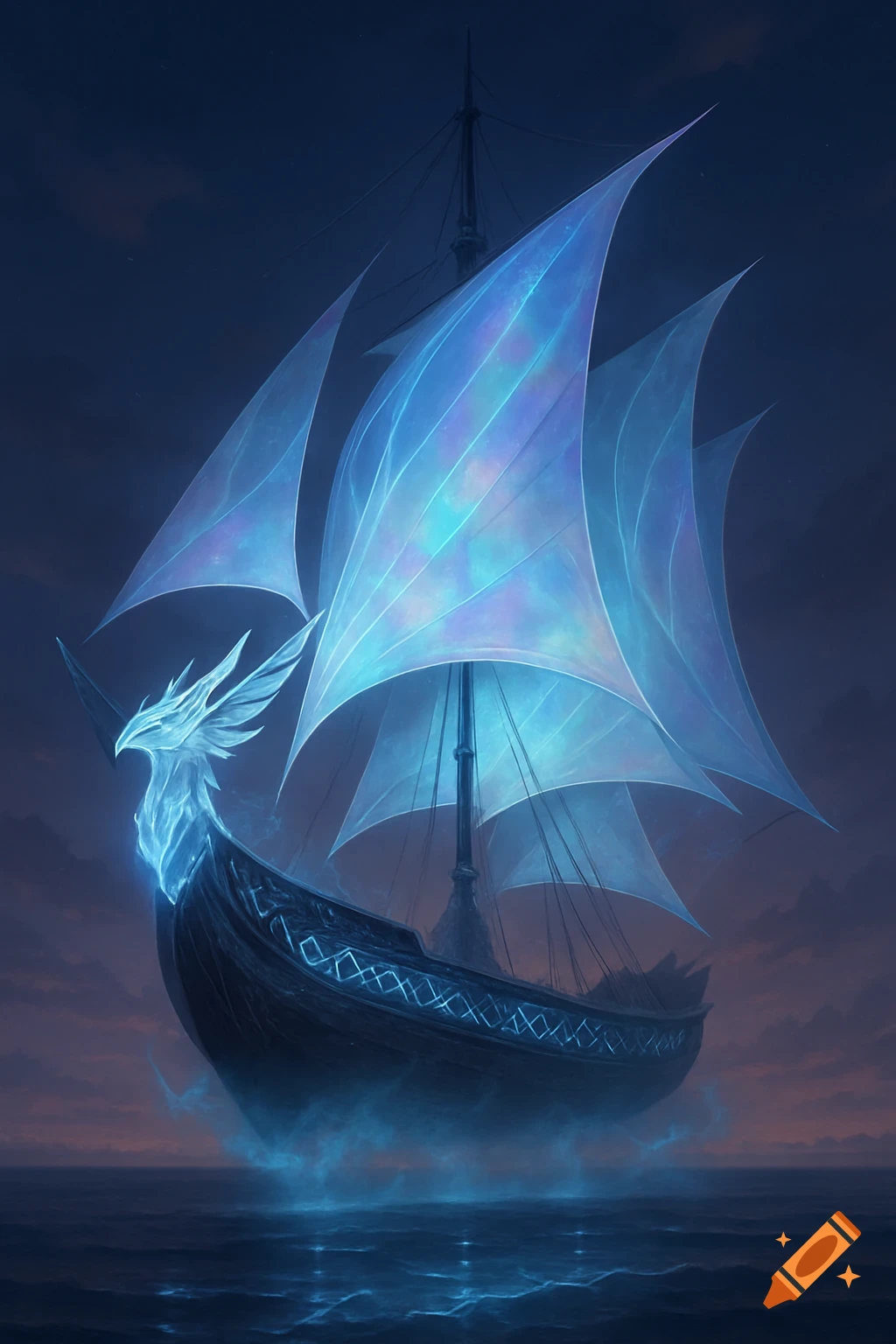 A fantasy ship with glowing blue sails and a bird figurehead floats on calm water at twilight.