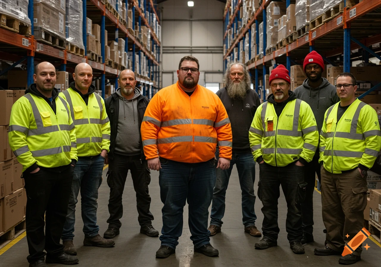 Eight men in safety vests stand in a warehouse