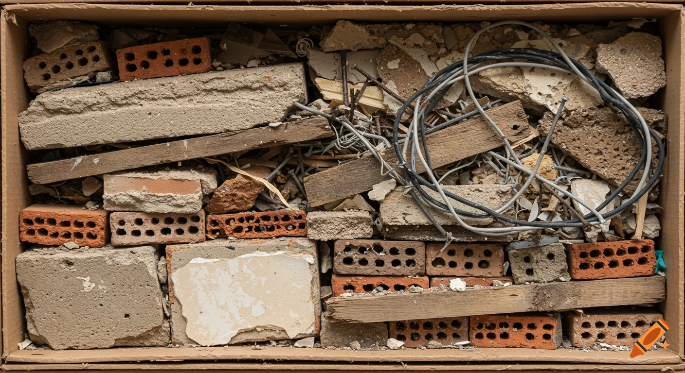 Close-up top view of a cardboard box filled with construction and demolition waste including bricks, concrete pieces, wood, and electrical cable.
