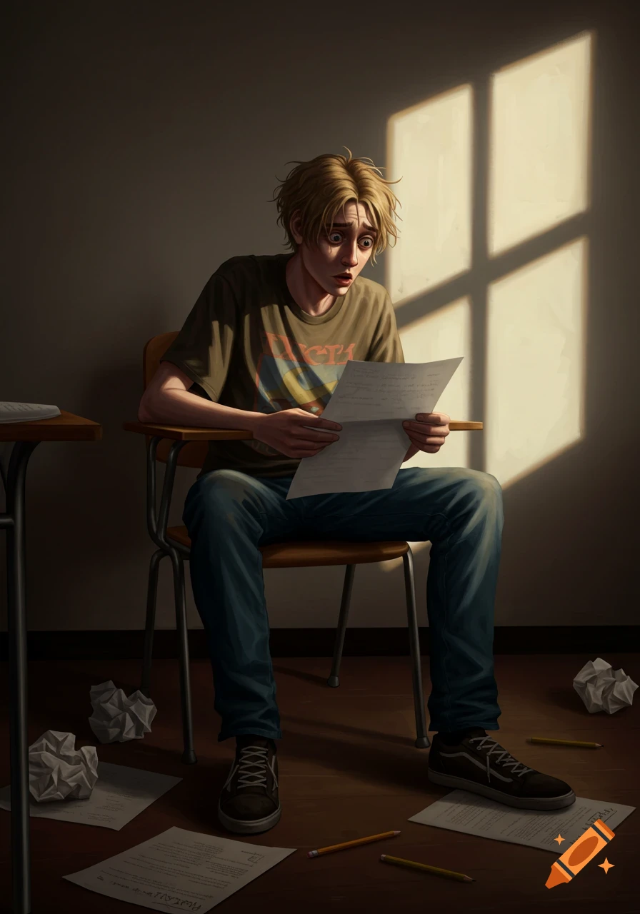 Illustration of a student looking distressed while reading an exam paper, sitting at a school desk with crumpled papers around.