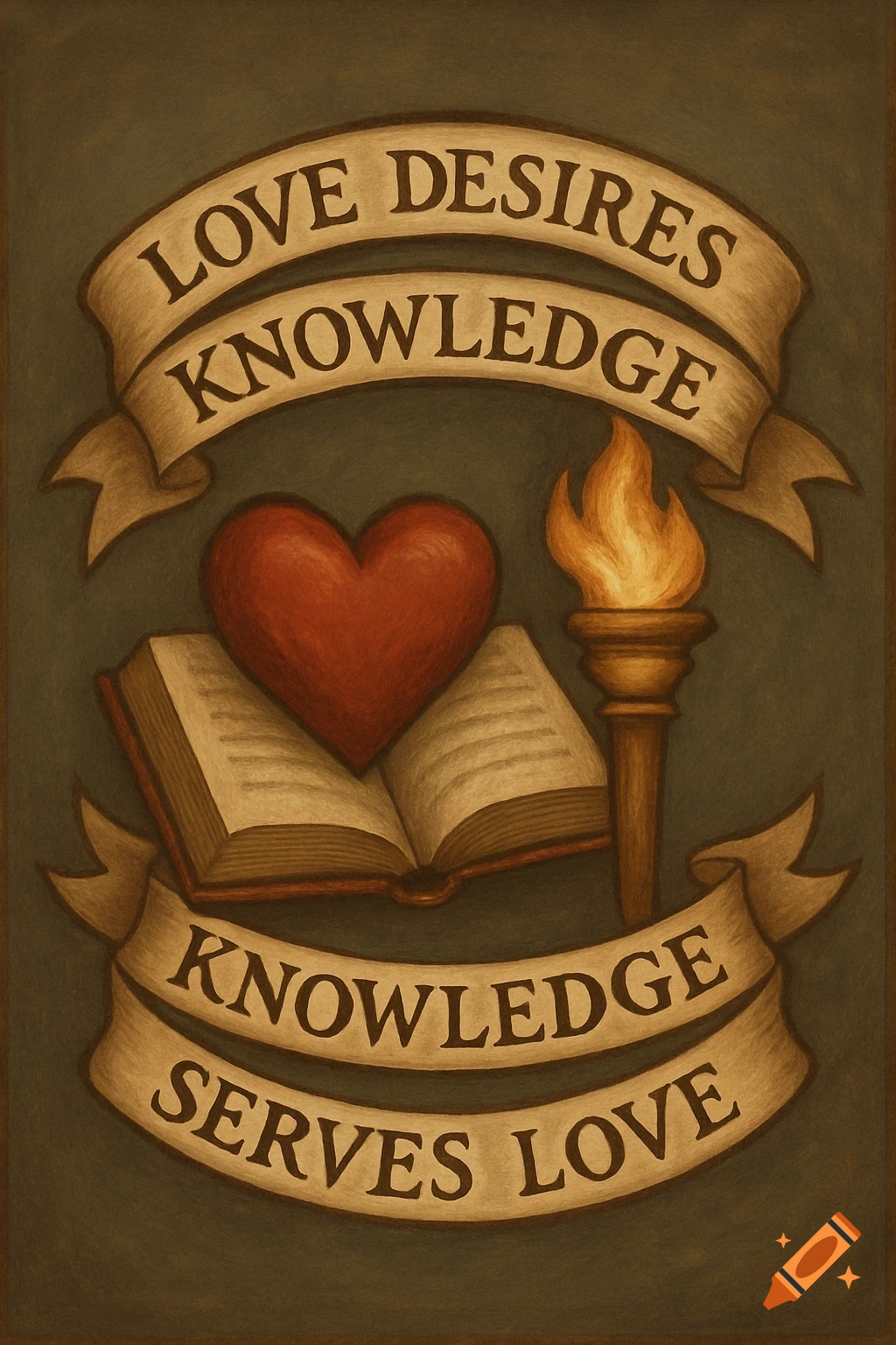 Logo emblem with a heart on an open book, a torch, and banners with text.