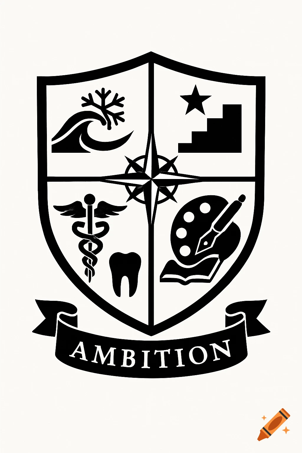 Black and white crest shield with quadrants containing symbols: wave/snowflake, steps/star, caduceus/tooth, palette/pen. Banner reads AMBITION.