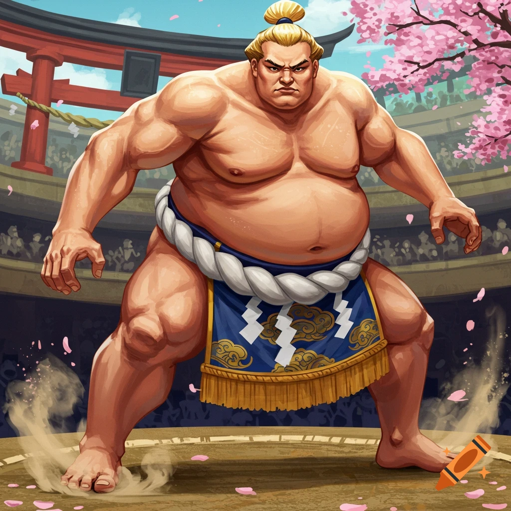 A powerful sumo wrestler stands in a ring with cherry blossoms and spectators in the background.