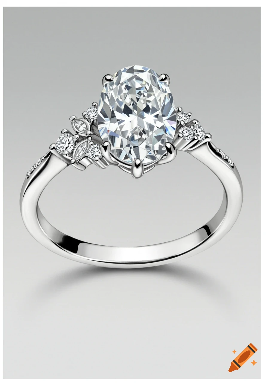 Oval diamond ring with smaller diamonds on a white gold band.