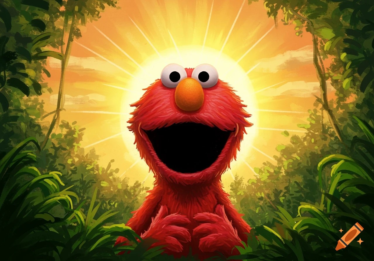 Elmo smiling widely against a bright sunrise in a lush green jungle. Illustration style.