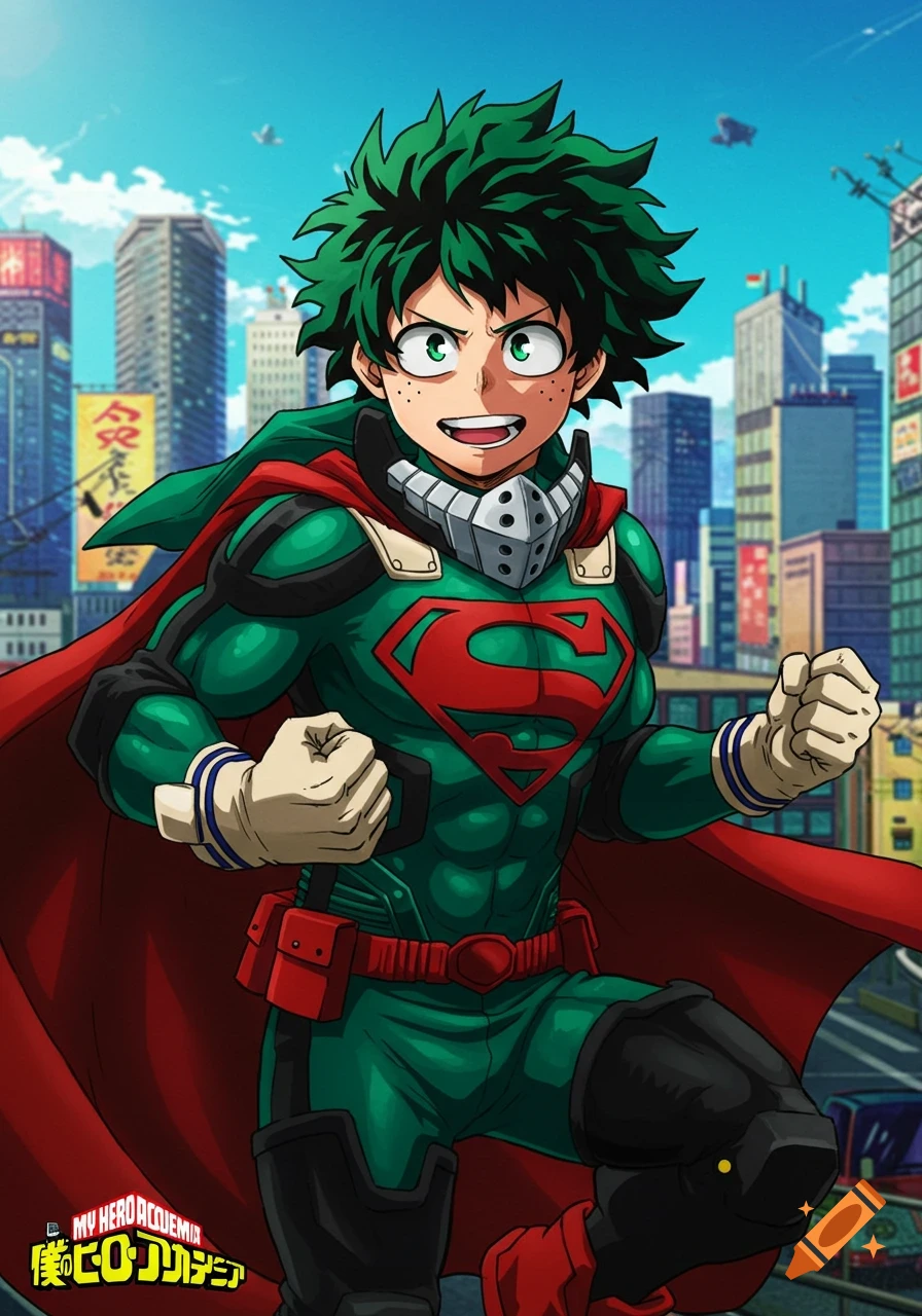 Izuku Midoriya in a green Superman suit poses in a city