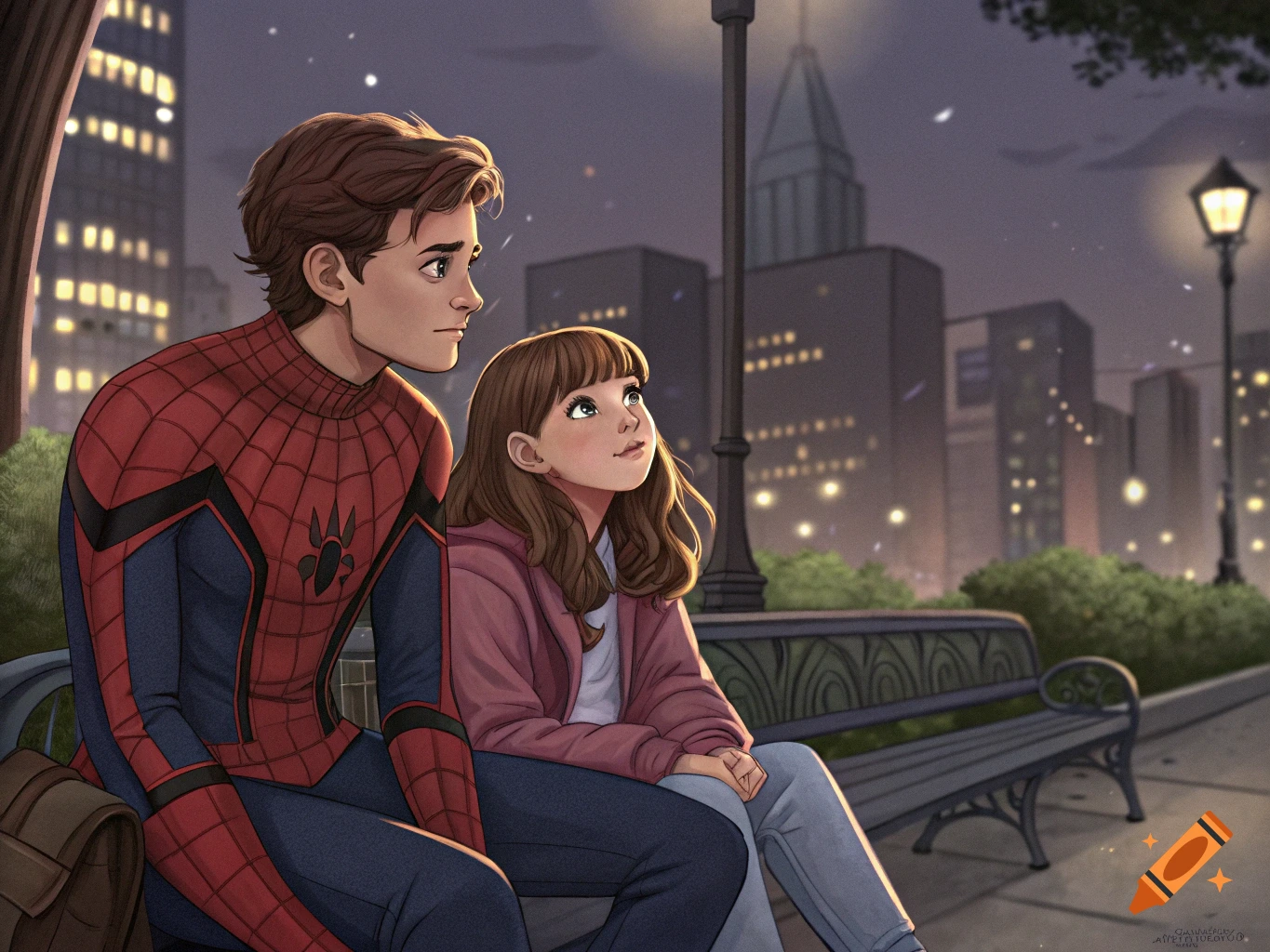 A character in a Spider-Man suit sits on a park bench with a girl at night in a city.