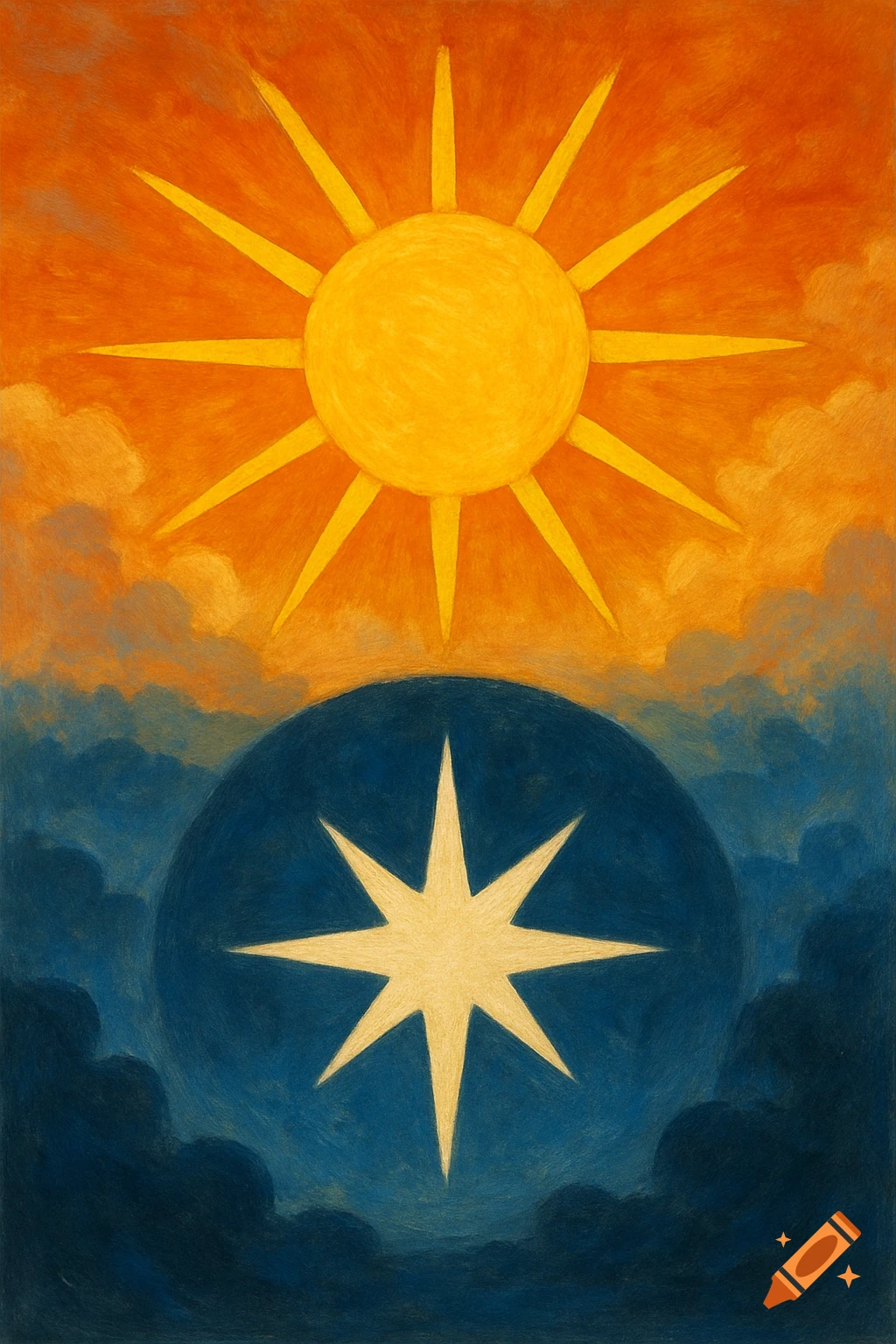 Graphic illustration of a sun over a white star in a dark sphere against clouds.