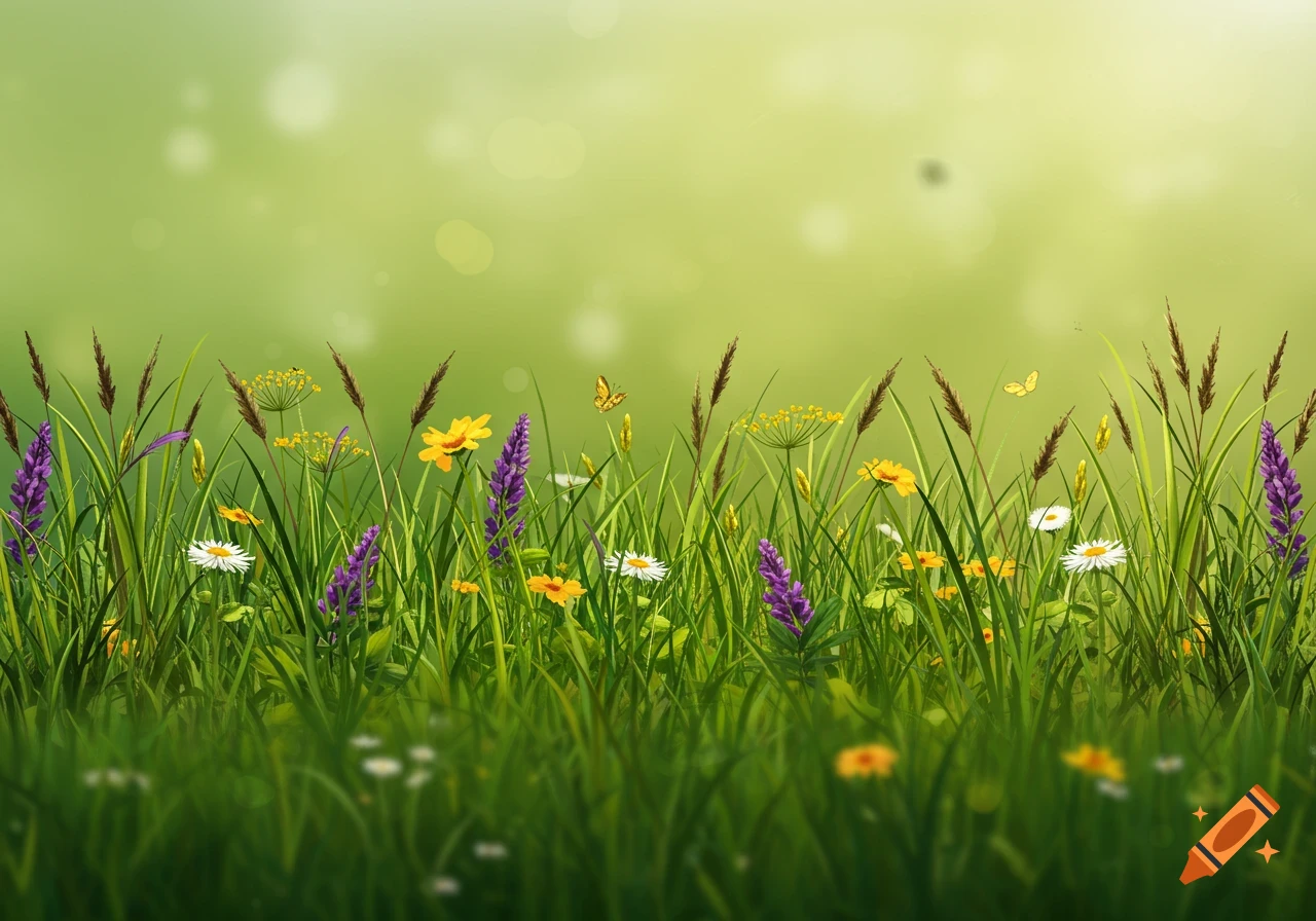 Close-up of spring meadow border with tall grass and wildflowers against a soft green background.