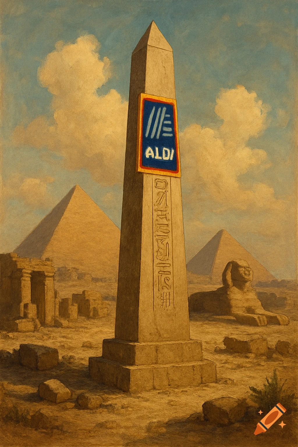 Painterly desert landscape with an obelisk featuring an ALDI logo and hieroglyphs, pyramids and a sphinx in the background.