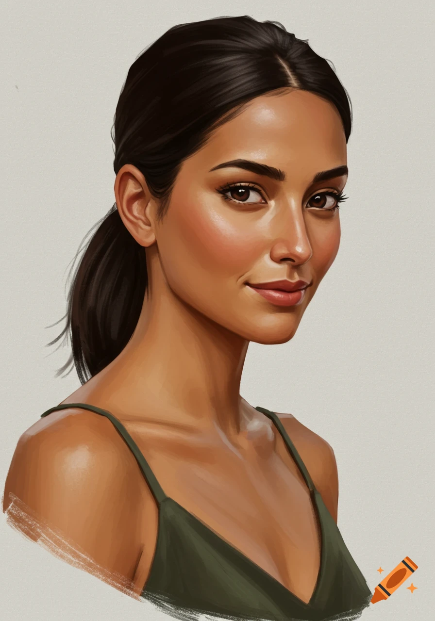 Realistic painting of a woman with dark hair in a ponytail wearing a green top.