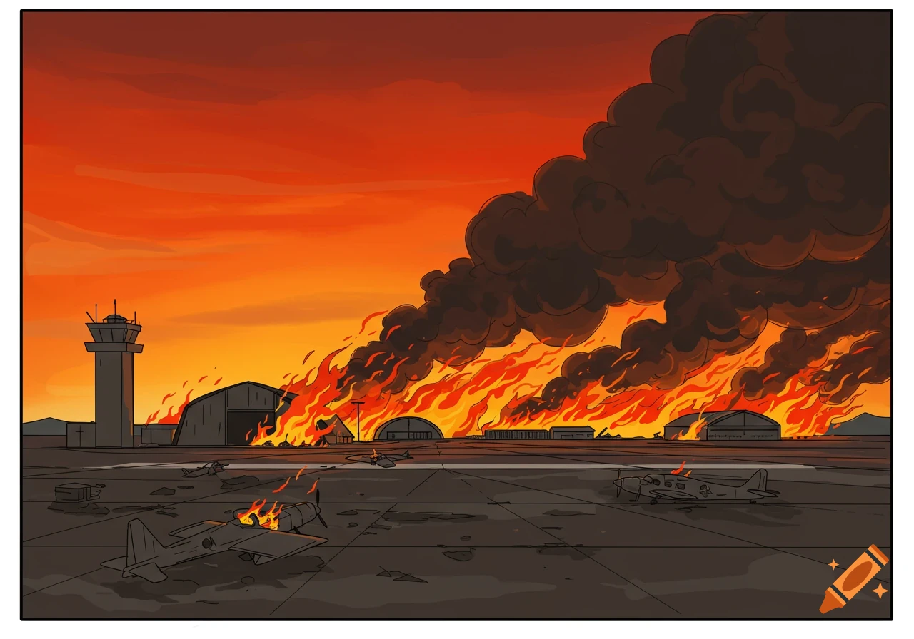 Drawing of an airfield on fire with burning hangars and planes.