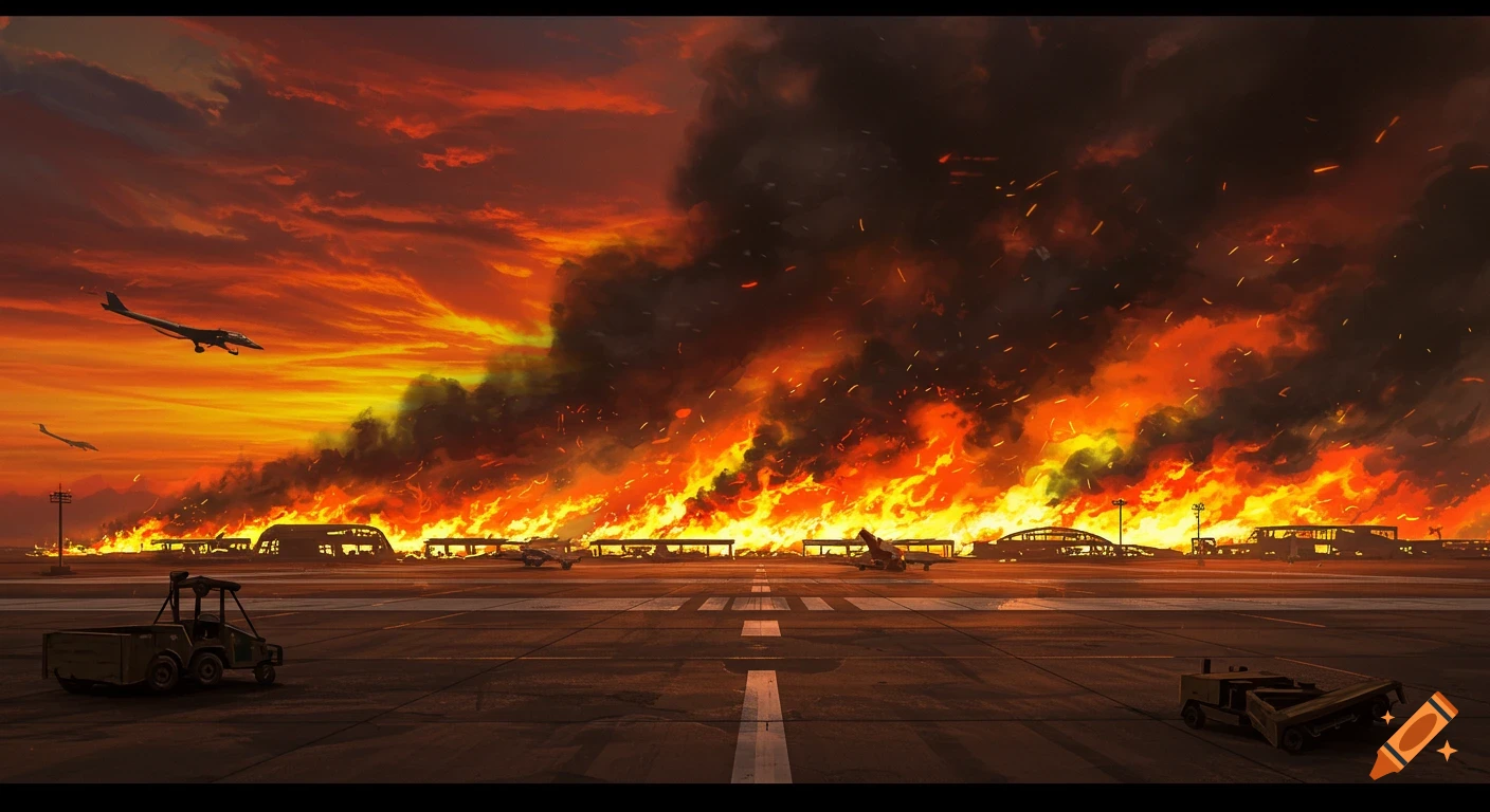 Illustration of an airport runway with buildings engulfed in fire and smoke against an orange sky, with planes flying.