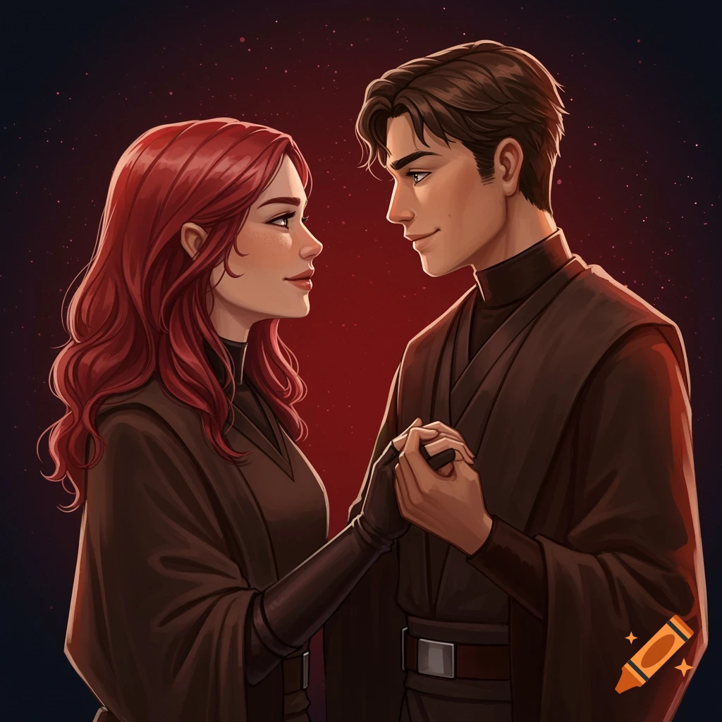 Illustration of red-haired woman and brown-haired man in dark robes holding hands, looking at each other in a red-tinged background.