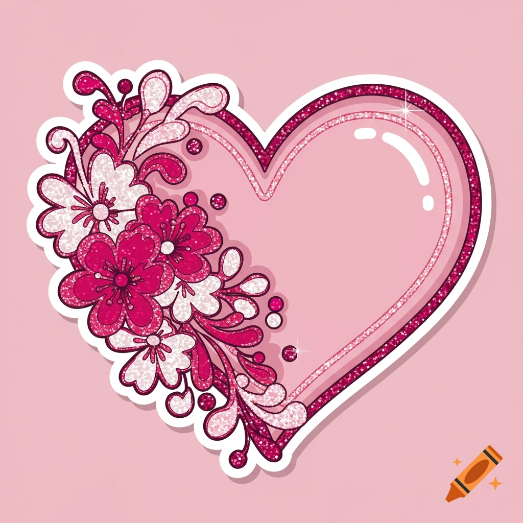 A pink heart sticker with floral and glitter details on a pink background.