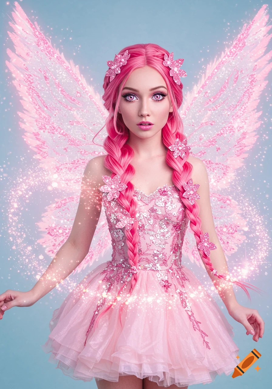 Portrait of a person dressed as a pink fairy with glitter wings and braids