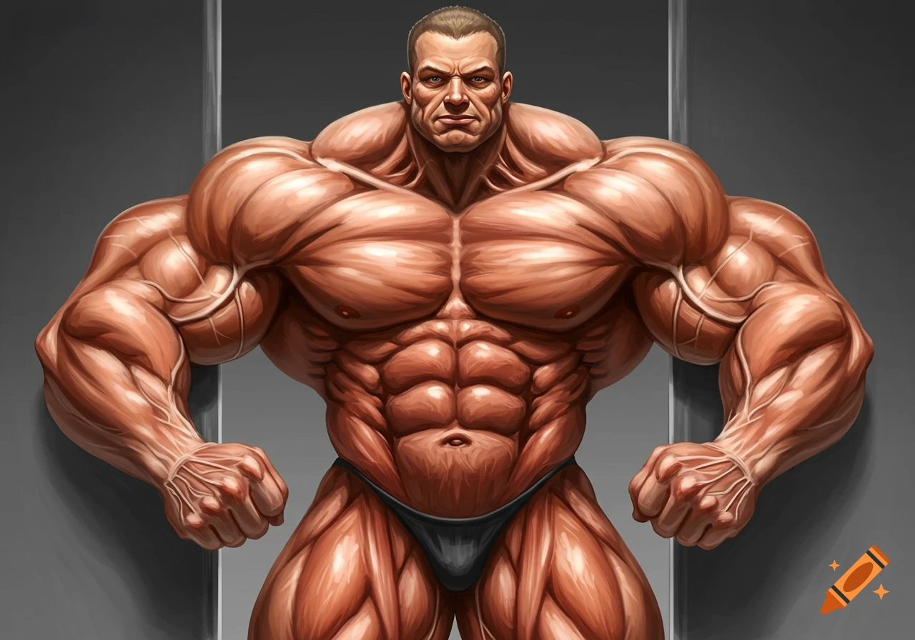 Highly detailed illustration of a bodybuilder flexing his muscles.