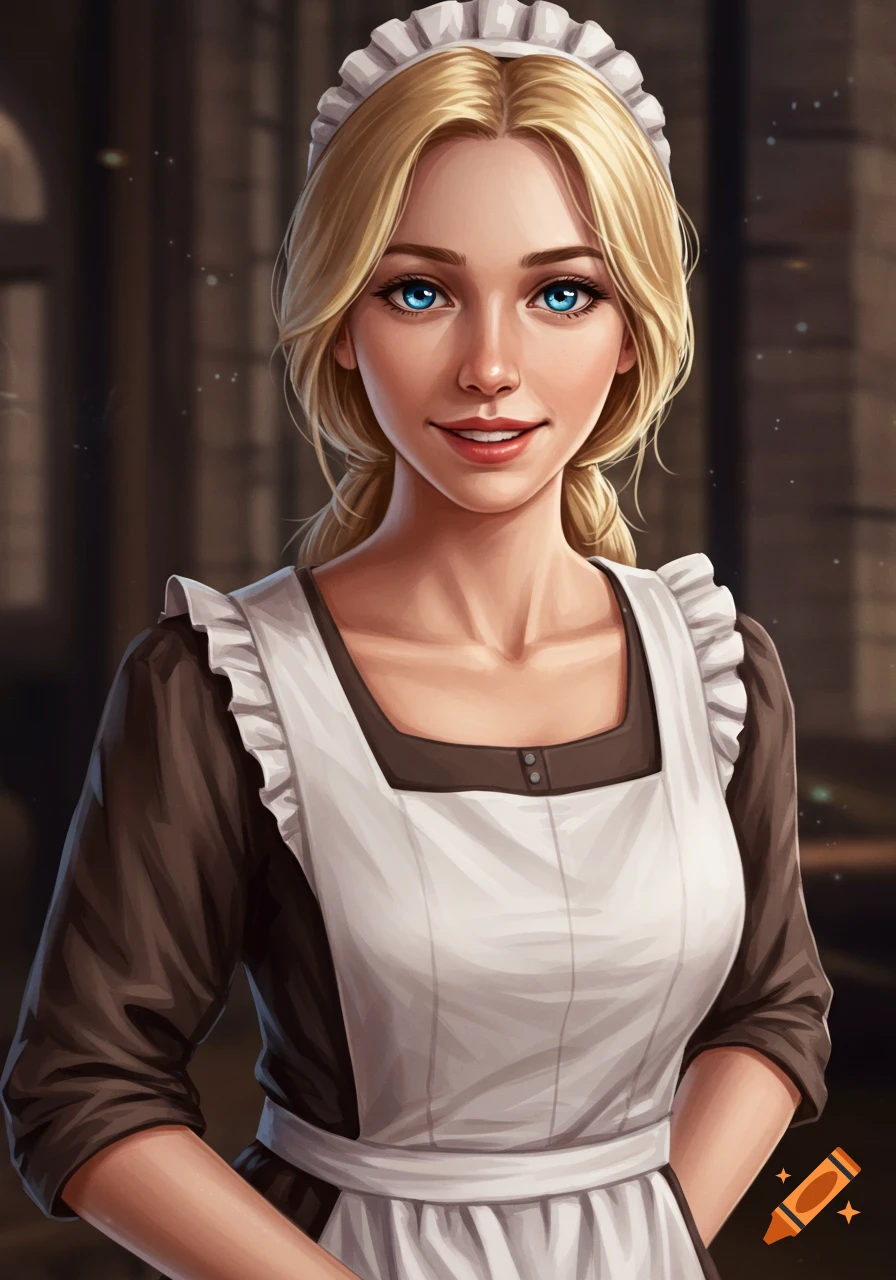 A blonde woman in a white and brown maid dress looks at the camera.